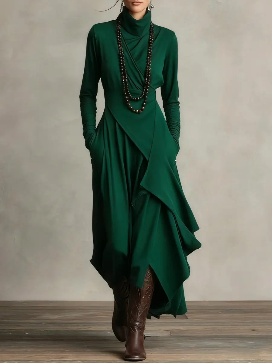 Women's Turtleneck Long Sleeve Dress Asymmetric Hem Maxi - Green
