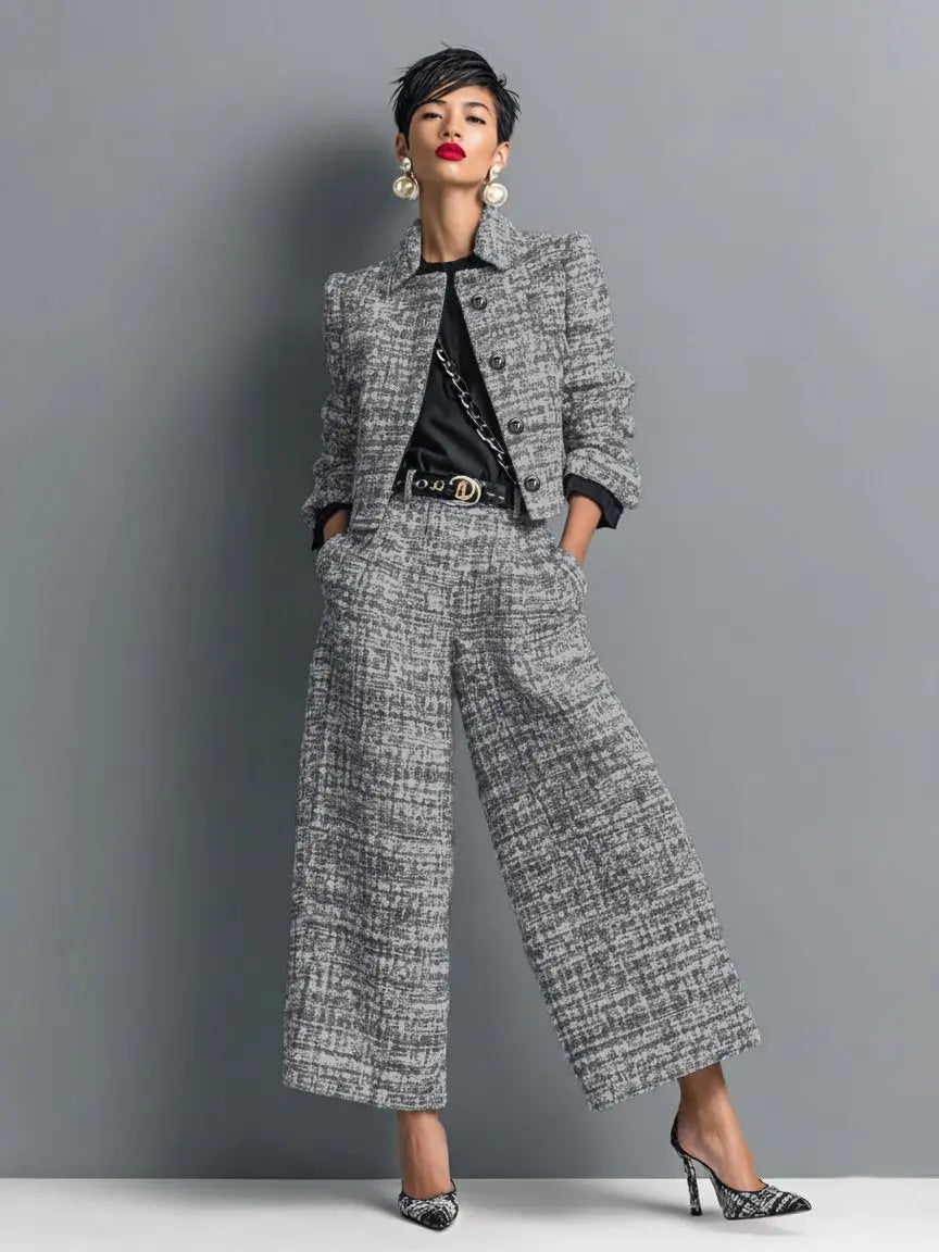 Women's Tweed Two Piece Suit Cropped Blazer Wide Leg Trousers - Schwarz