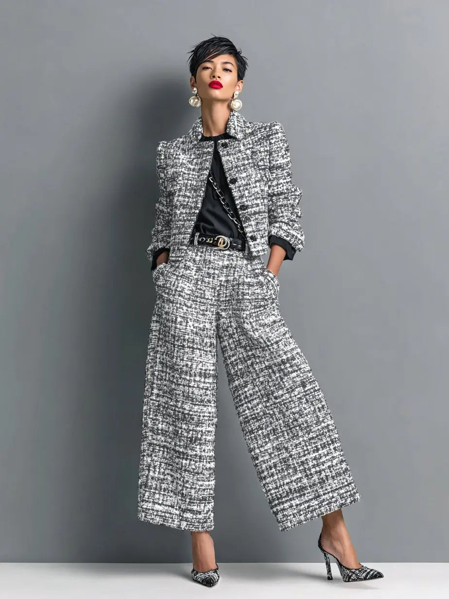 Women's Tweed Two Piece Suit Cropped Blazer Wide Leg Trousers - Grau