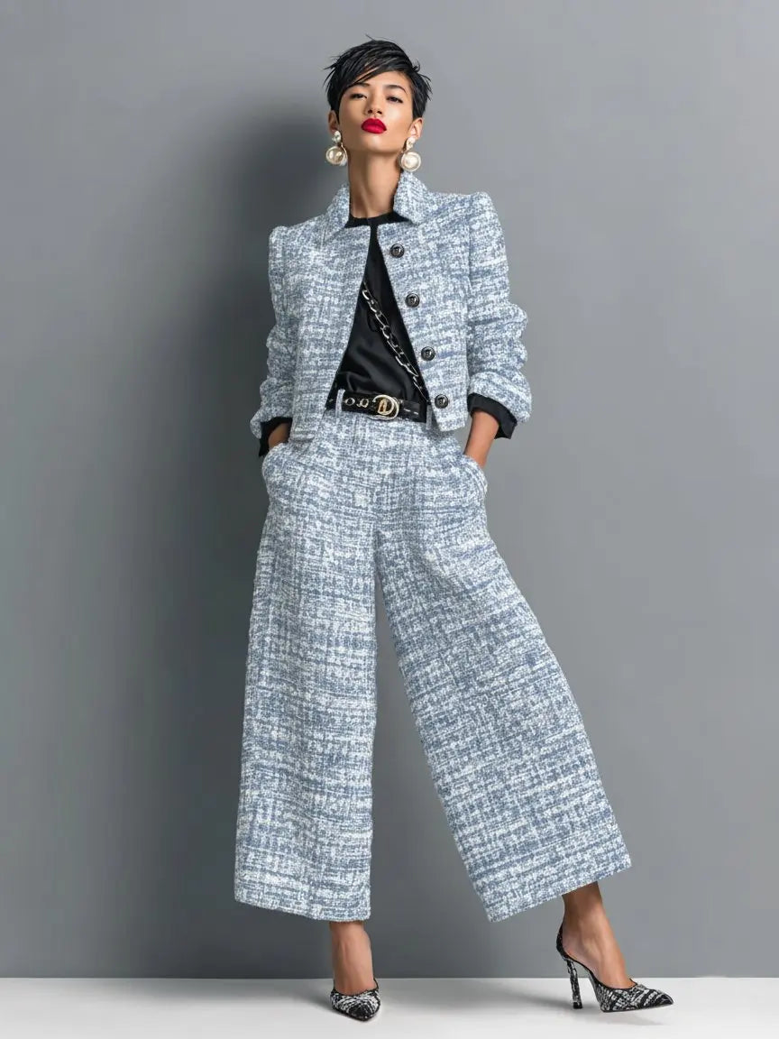 Women's Tweed Two Piece Suit Cropped Blazer Wide Leg Trousers - Blau