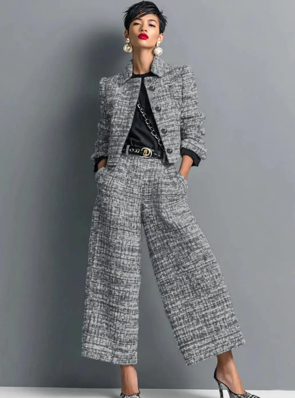 Women's Tweed Wide-Leg Cropped Trouser Co-ord Two-Piece Suit - Black