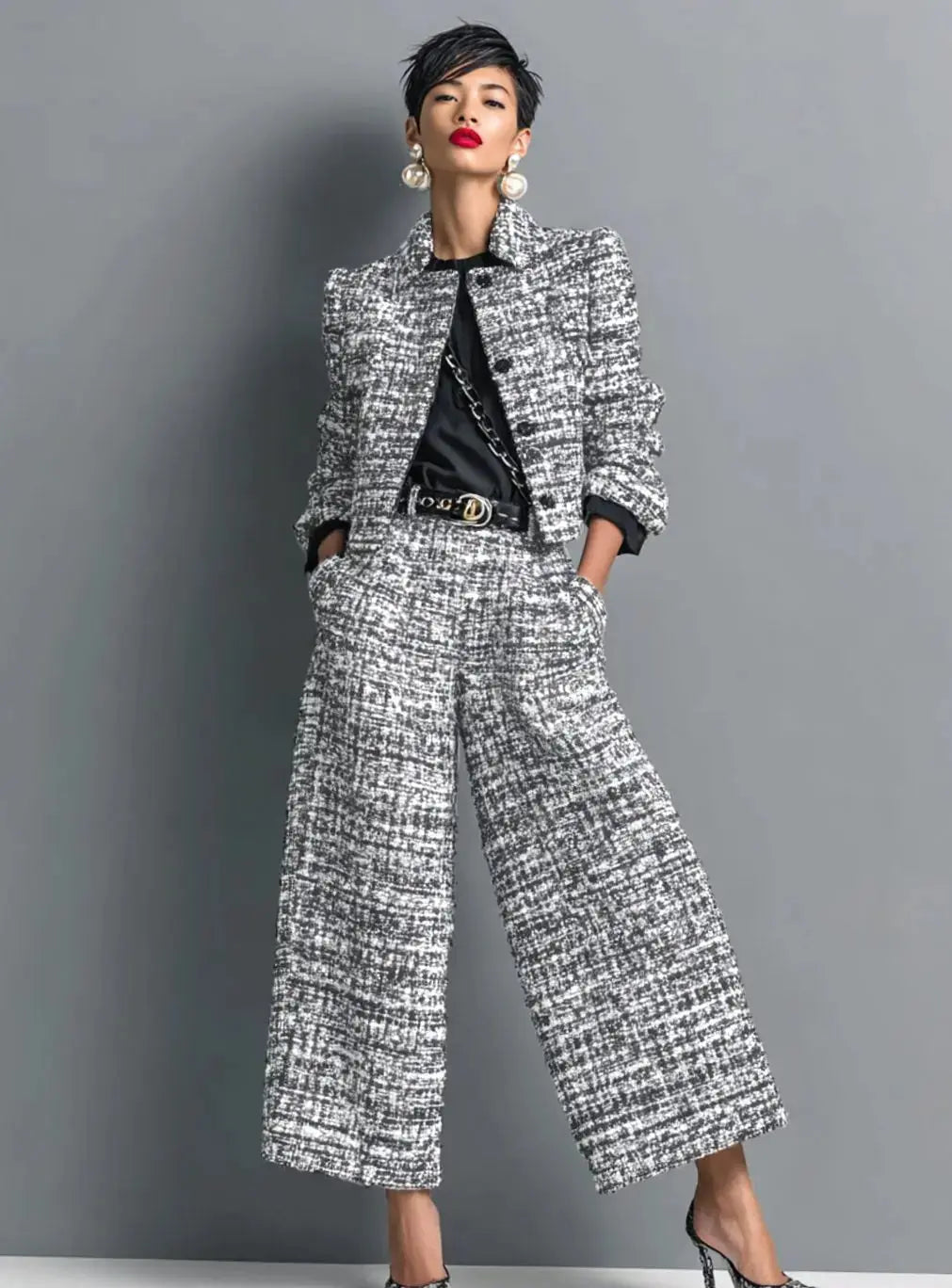 Women's Tweed Wide-Leg Cropped Trouser Co-ord Two-Piece Suit - Grey