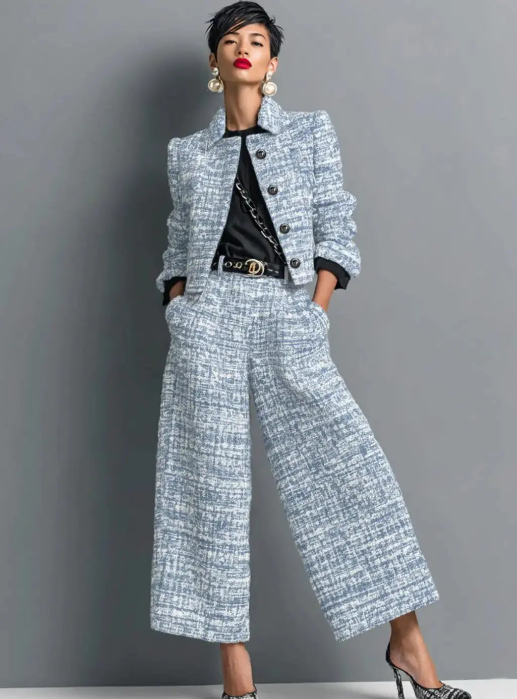 Women's Tweed Wide-Leg Cropped Trouser Co-ord Two-Piece Suit - Blue