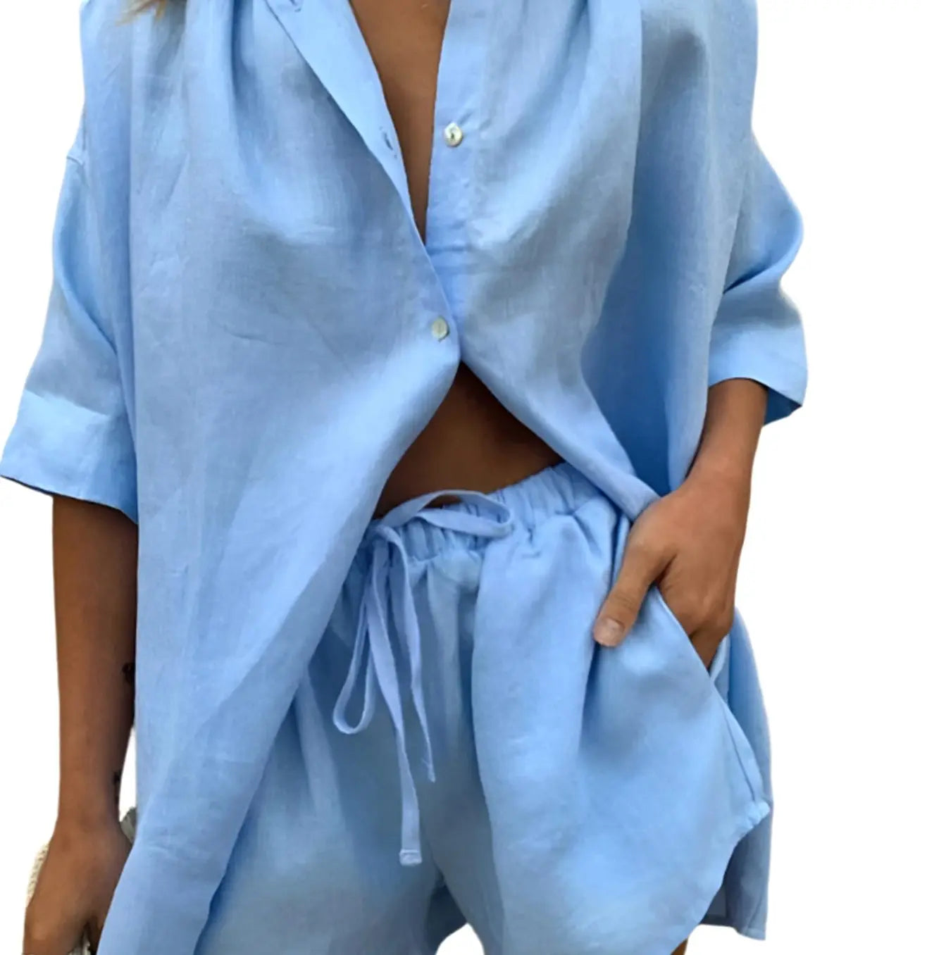 Women's Two-Piece Loungewear Set Button-Up Shirt Drawstring Shorts - Blue
