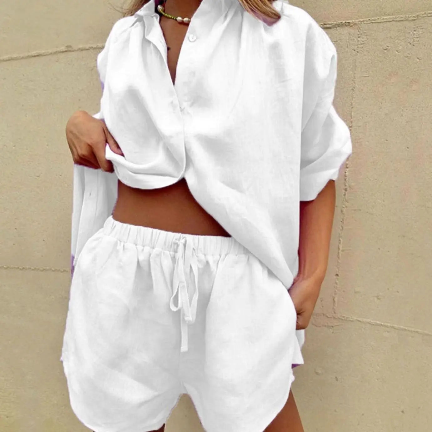 Women's Two-Piece Loungewear Set Button-Up Shirt Drawstring Shorts