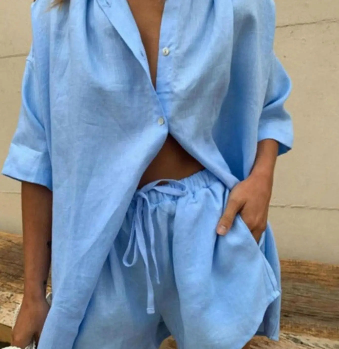 Women's Two-Piece Loungewear Set Button-Up Shirt Drawstring Shorts