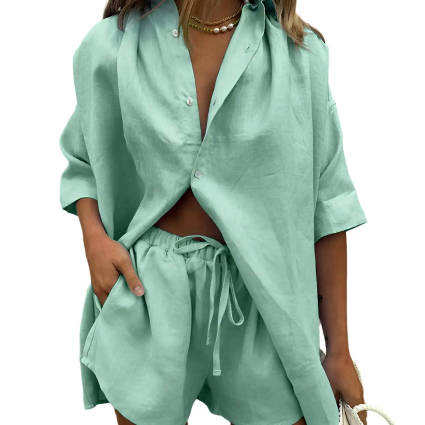 Women's Two-Piece Loungewear Set Button-Up Shirt Drawstring Shorts - Green