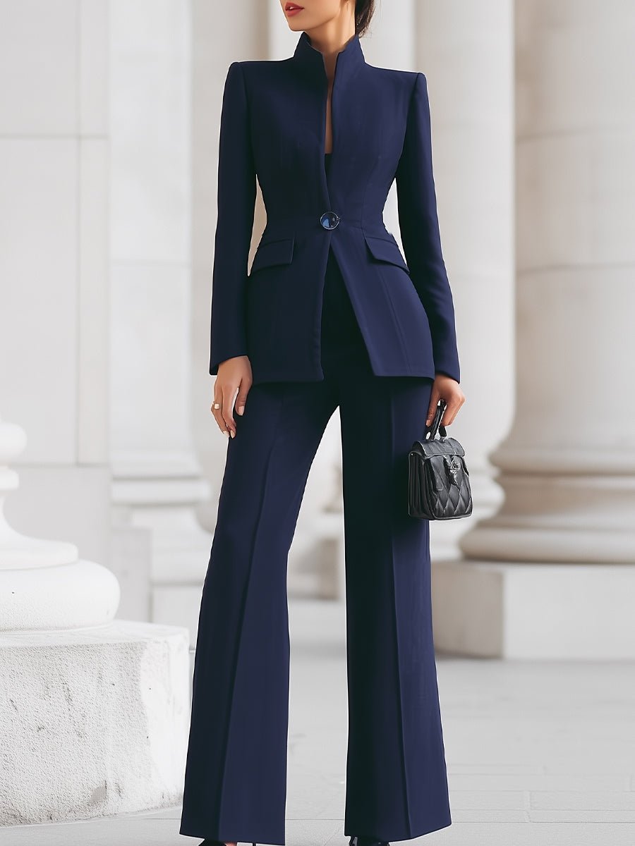 Women's Two-Piece Suit High Collar Blazer Wide-Leg Trousers - Blue