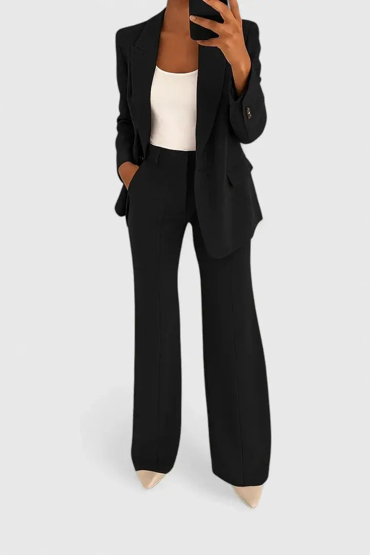 Women's Two Piece Suit Set Tailored Blazer Trousers Office - Black