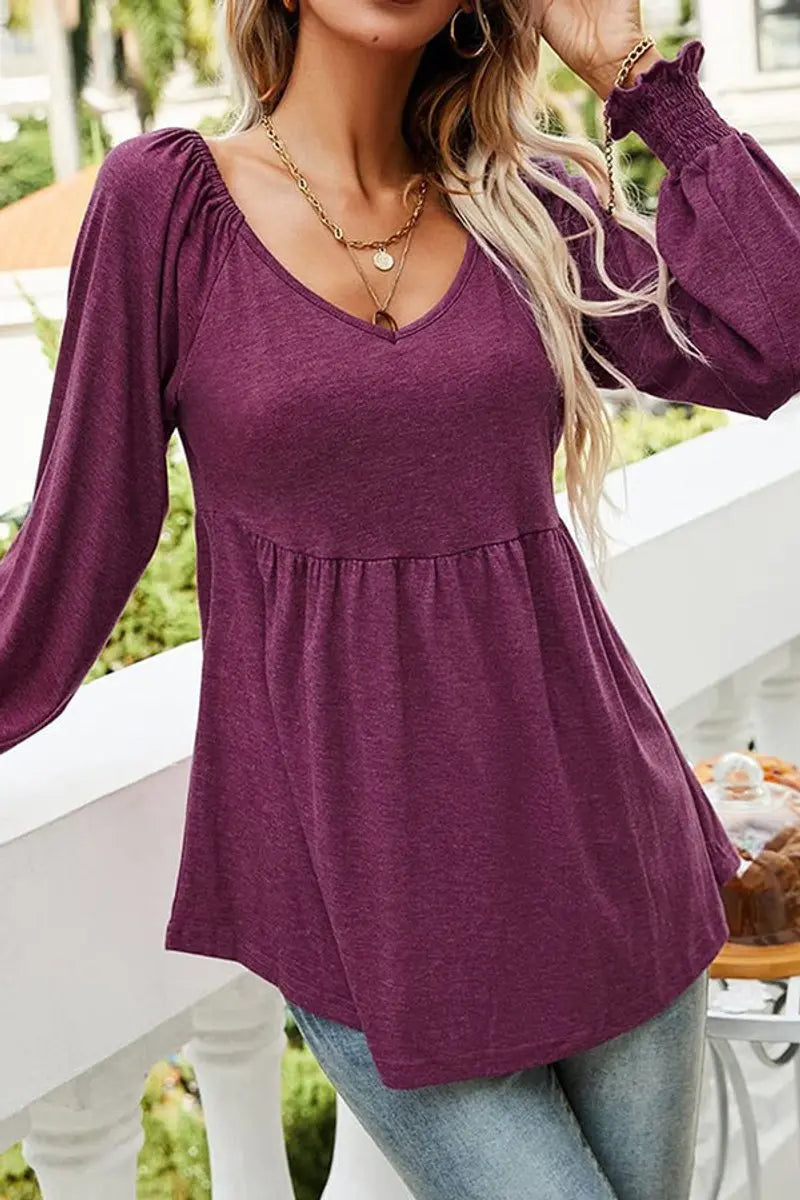 Women's V-Neck Babydoll Smocked-Cuff Flowy Tunic Top - Wine Red