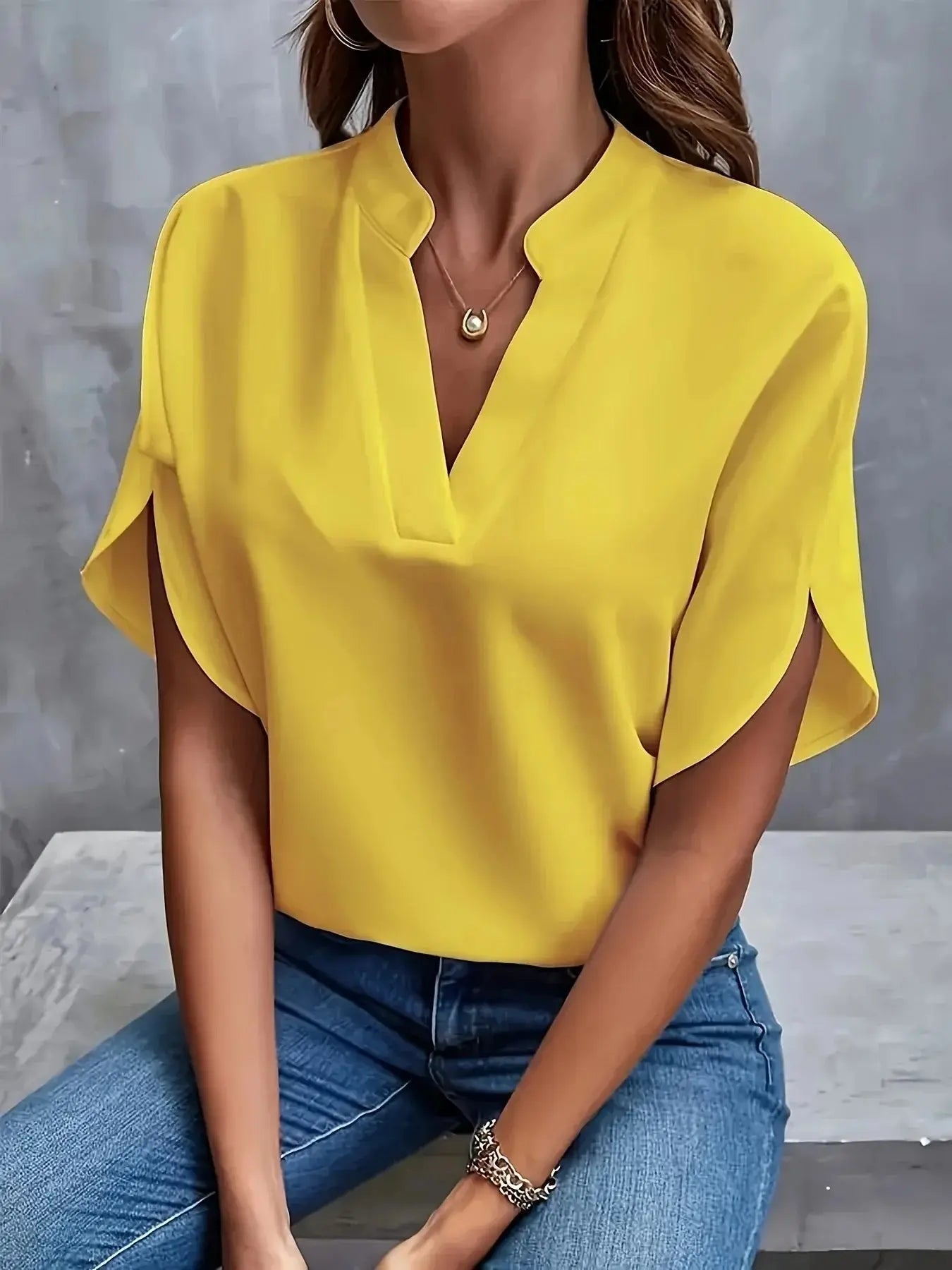 Women's V-Neck Blouse Cap Sleeves Sophisticated - Yellow
