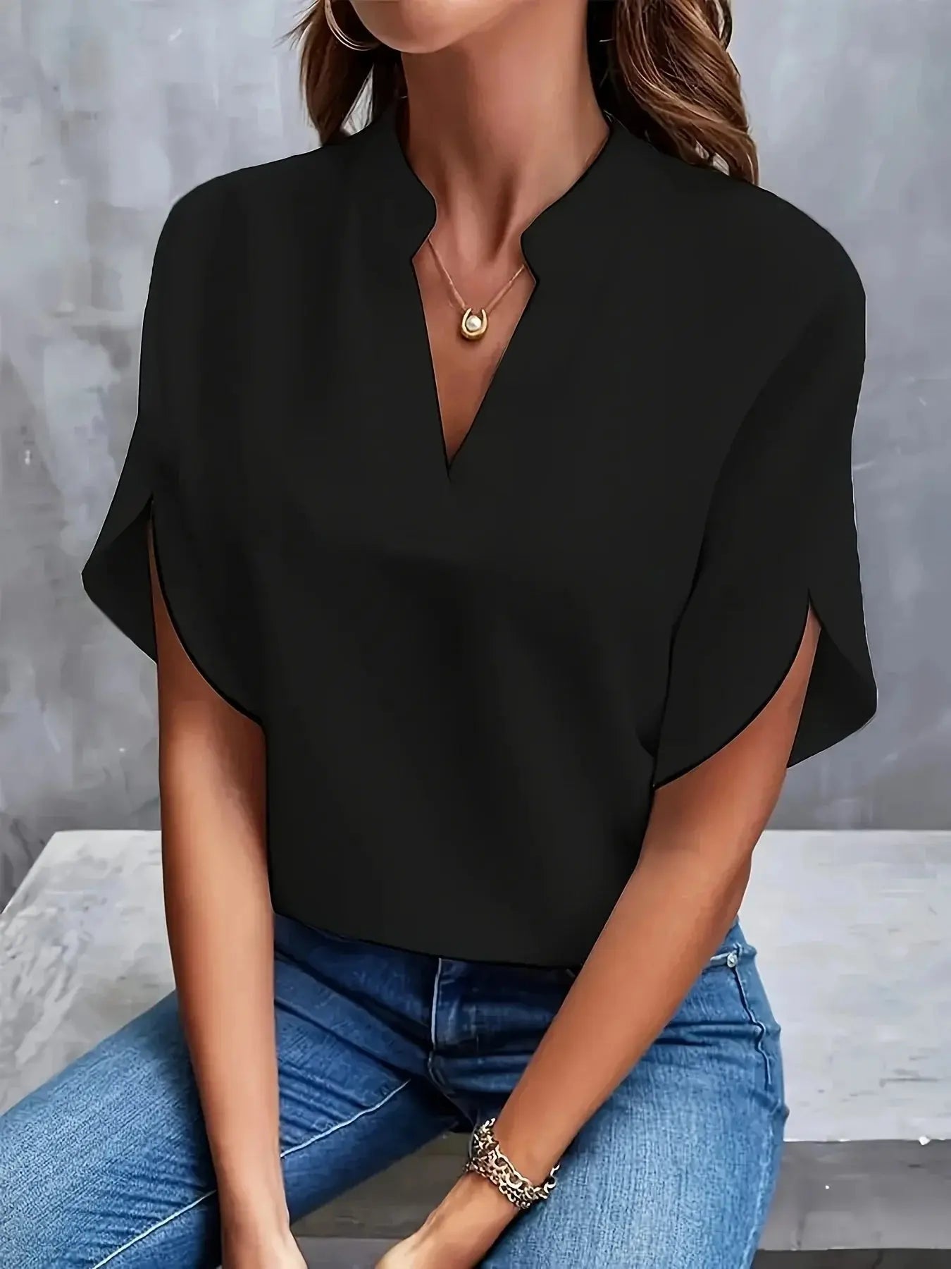 Women's V-Neck Blouse Cap Sleeves Sophisticated - Black