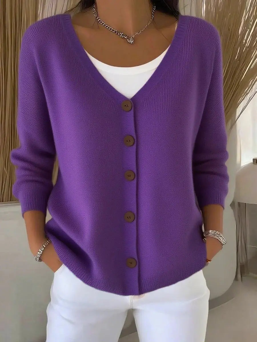 Women's V-Neck Button-Front Long Sleeve Knit Sweater - Purple