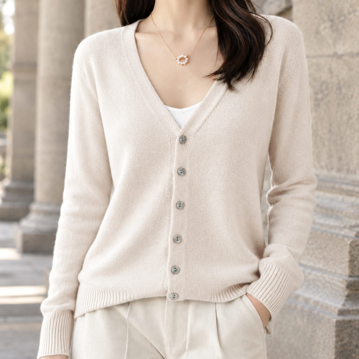 Women's V-Neck Button-Front Relaxed Knit Cardigan - Beige