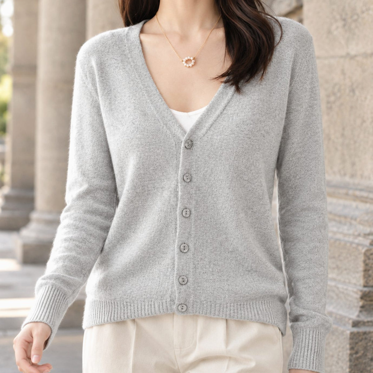 Women's V-Neck Button-Front Relaxed Knit Cardigan - Light Grey