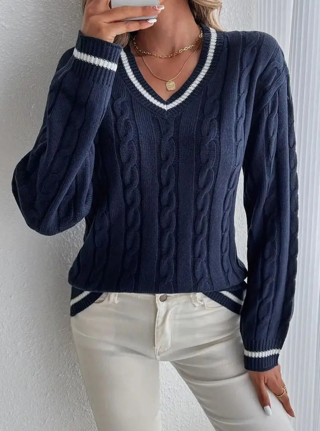 Women's V-Neck Cable Knit Jumper Striped Trim Long Sleeve - Navy Blue