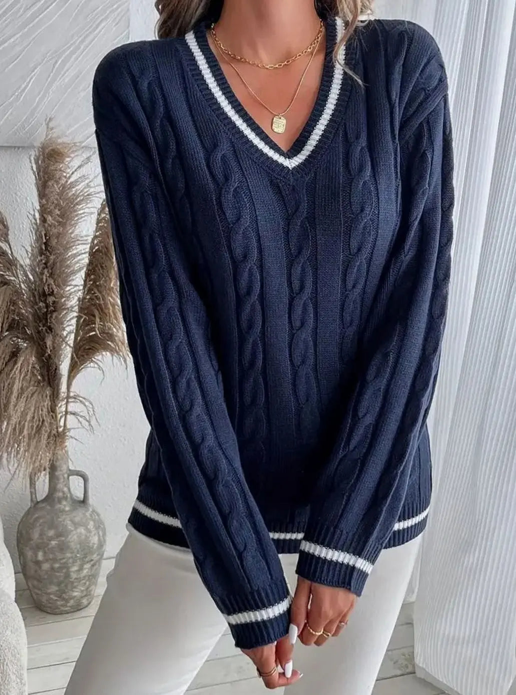 Women's V-Neck Cable Knit Jumper Striped Trim Long Sleeve
