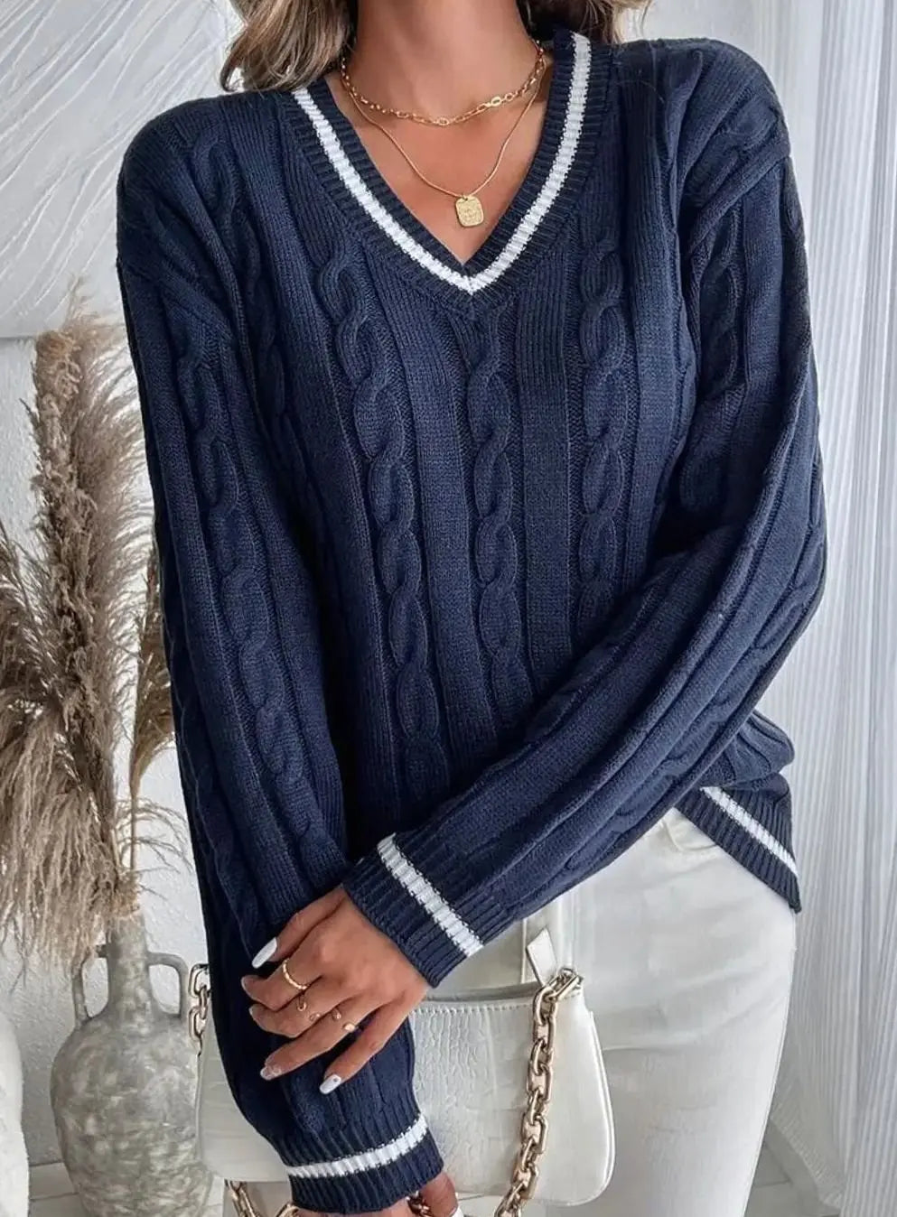Women's V-Neck Cable Knit Jumper Striped Trim Long Sleeve