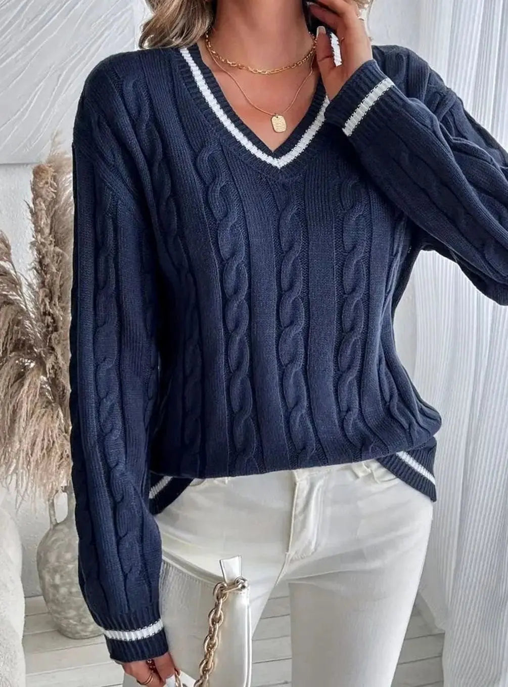 Women's V-Neck Cable Knit Jumper Striped Trim Long Sleeve