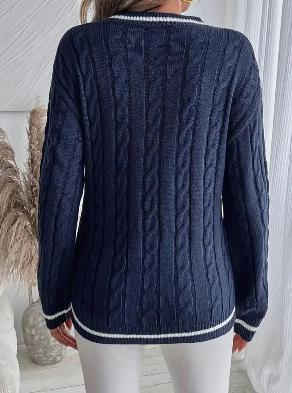 Women's V-Neck Cable Knit Jumper Striped Trim Long Sleeve