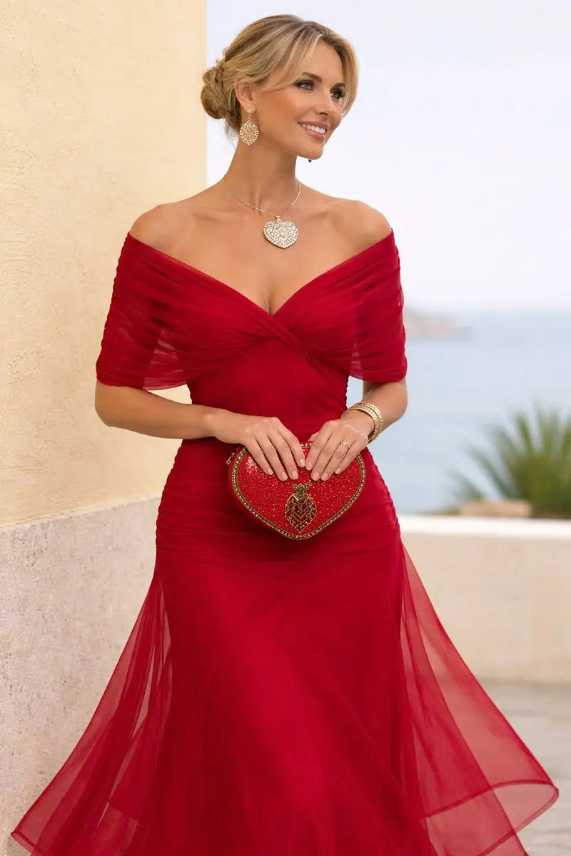 Women's V-Neck Chiffon Maxi Cocktail Party Dress Ruched Waist
