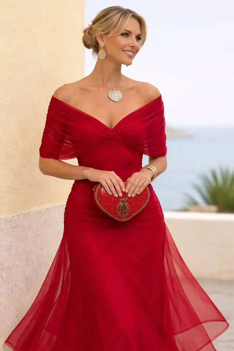 Women's V-Neck Chiffon Maxi Cocktail Party Dress Ruched Waist