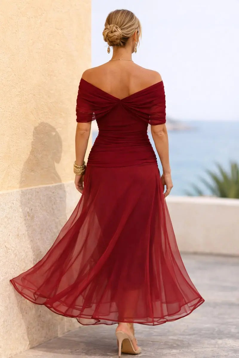Women's V-Neck Chiffon Maxi Cocktail Party Dress Ruched Waist