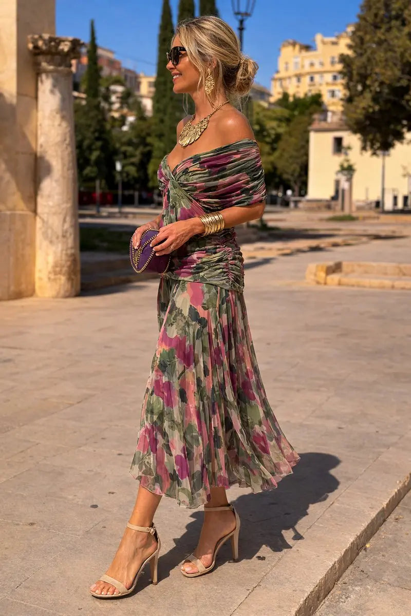 Women's V-Neck Chiffon Maxi Cocktail Party Dress Ruched Waist