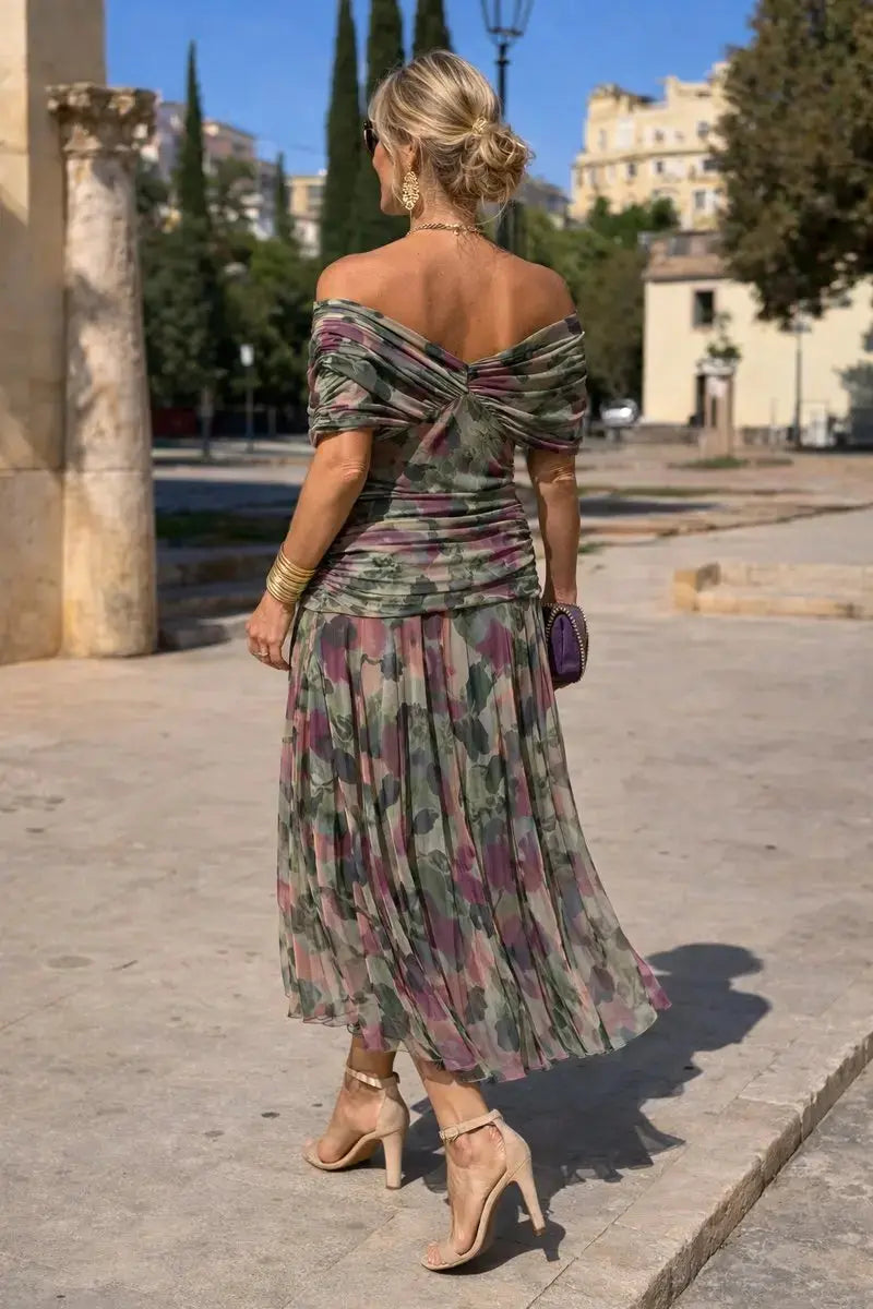 Women's V-Neck Chiffon Maxi Cocktail Party Dress Ruched Waist