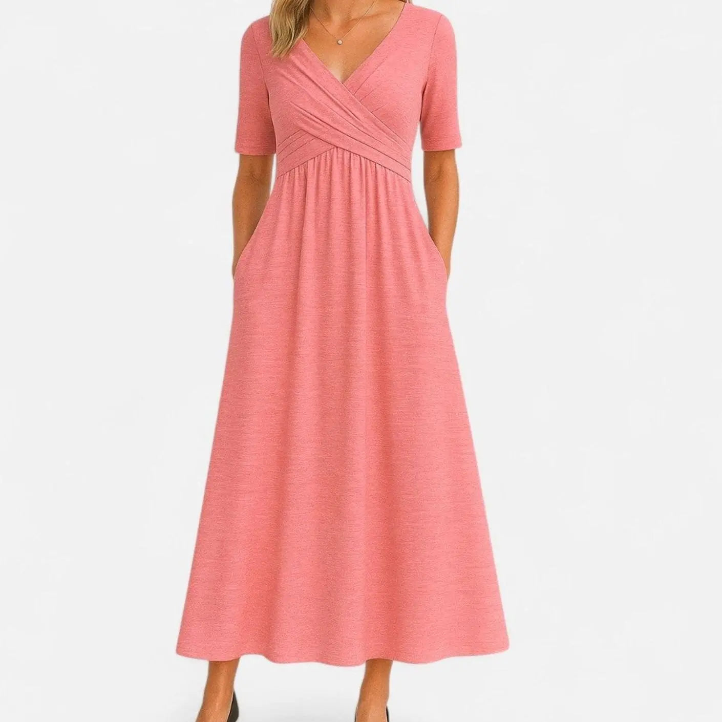 Women's V-Neck Crossover Ruched Waist Midi Dress Pockets - Pink