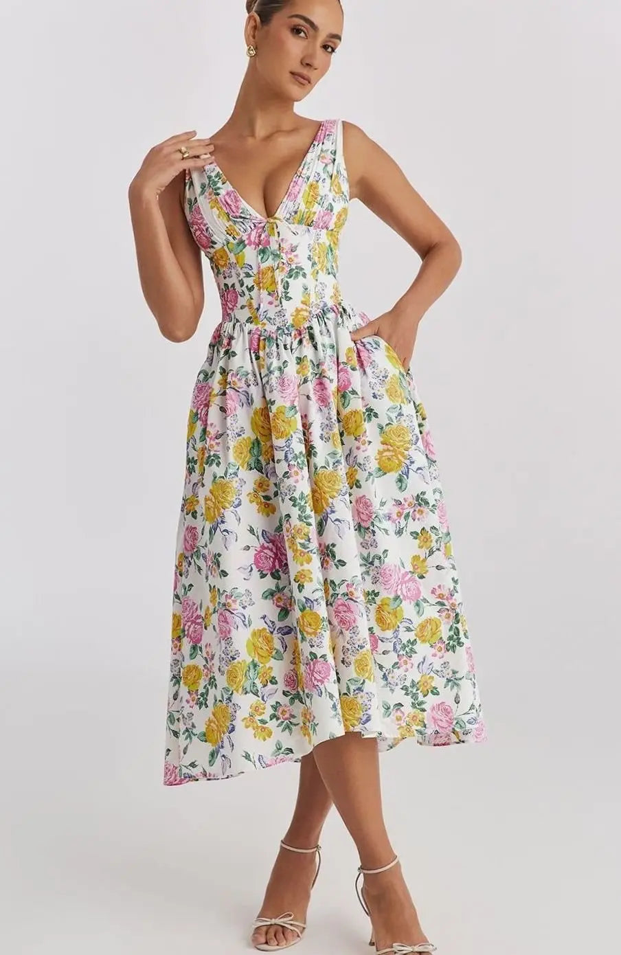 Women's V-Neck Floral Midi Dress Fit-and-Flare Pockets - Yellow Floral