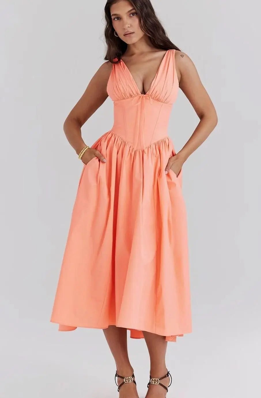 Women's V-Neck Floral Midi Dress Fit-and-Flare Pockets - Peach