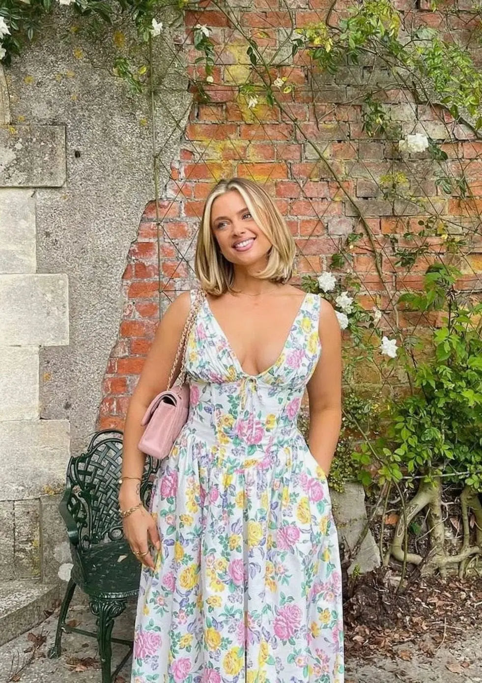 Women's V-Neck Floral Midi Dress Fit-and-Flare Pockets