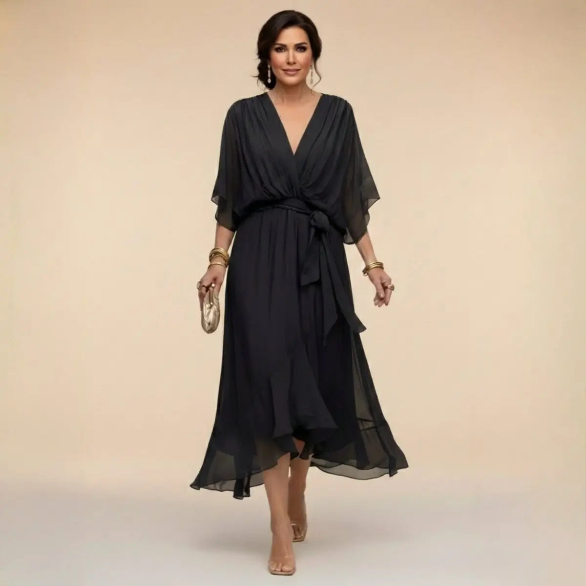 Women's V-Neck Flowy Chiffon Midi Wrap Dress - Black