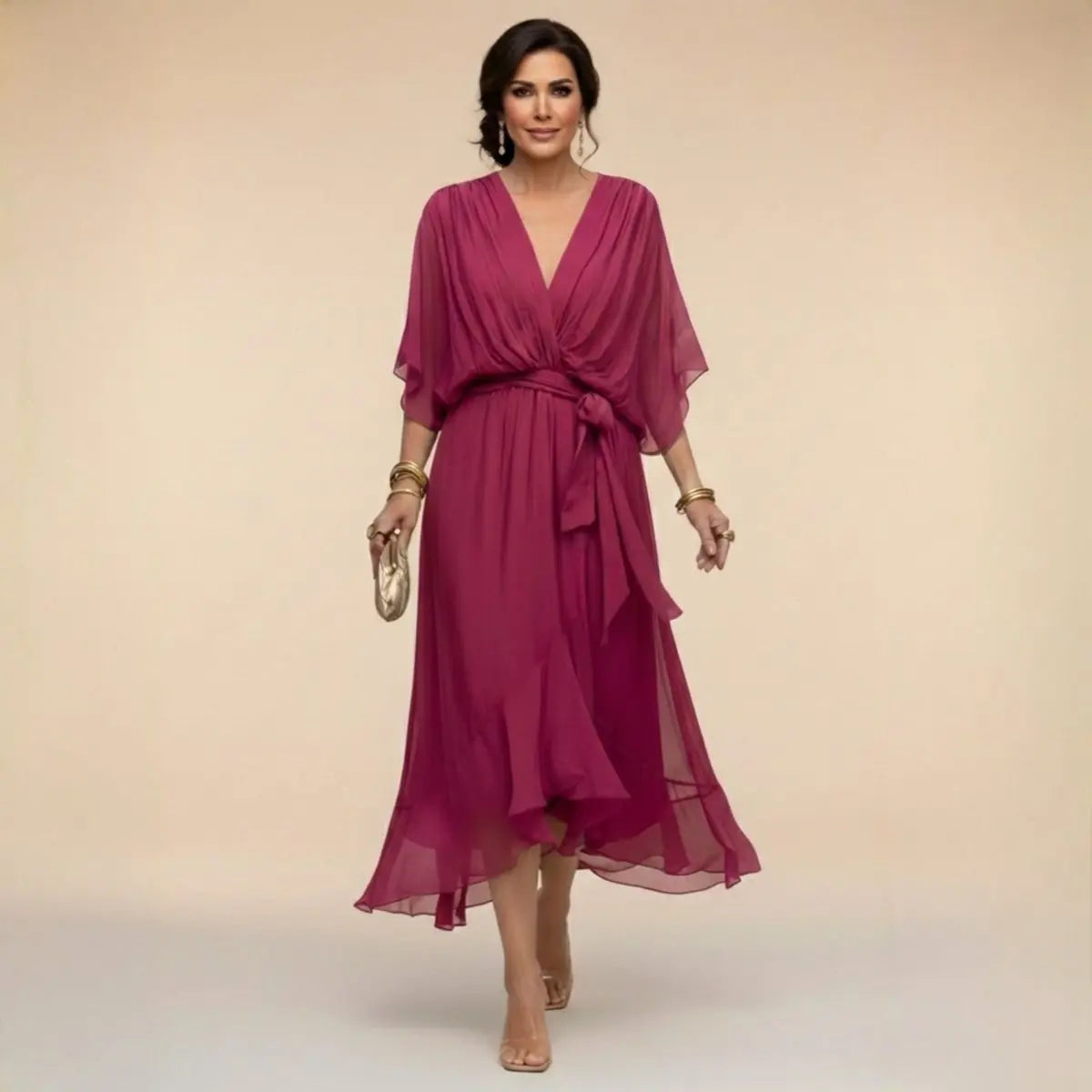 Women's V-Neck Flowy Chiffon Midi Wrap Dress - Dark Purple