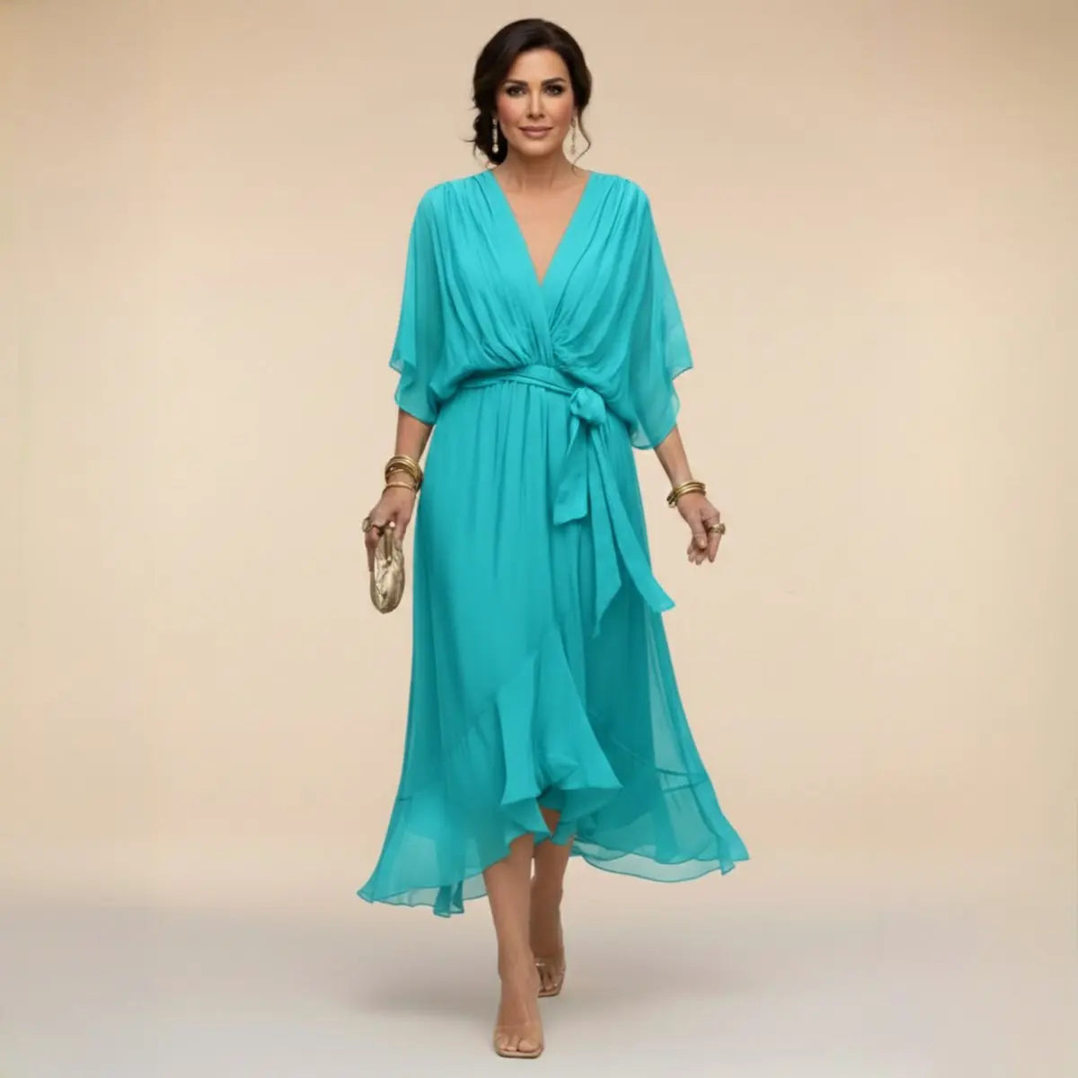 Women's V-Neck Flowy Chiffon Midi Wrap Dress - Navy Blue