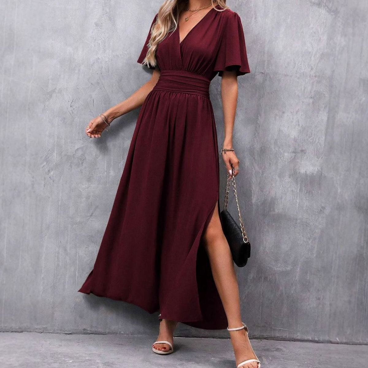 Women's V-Neck Flutter-Sleeve High-Waist Maxi Dress Side Split, Black
