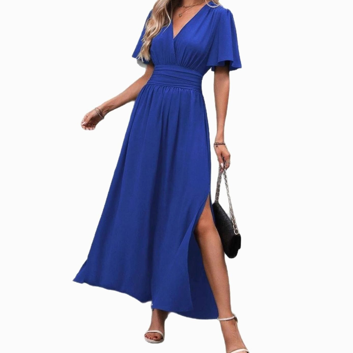 Women's V-Neck Flutter-Sleeve High-Waist Maxi Dress Side Split, Black