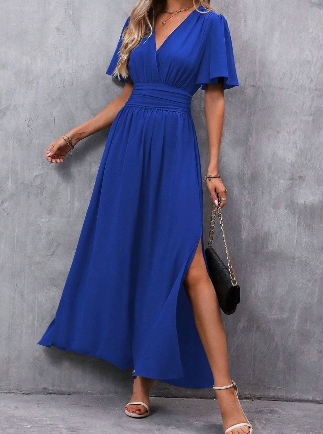 Women's V-Neck Flutter-Sleeve High-Waist Maxi Dress Side Split, Black - Blue