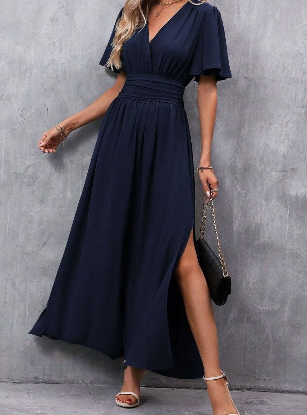 Women's V-Neck Flutter-Sleeve High-Waist Maxi Dress Side Split, Black - Navy Blue