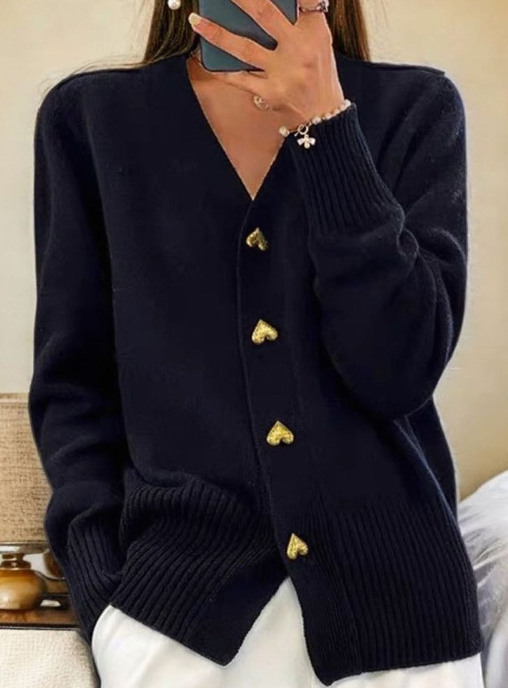 Women's V-Neck Gold Heart-Button Knit Cardigan - Black
