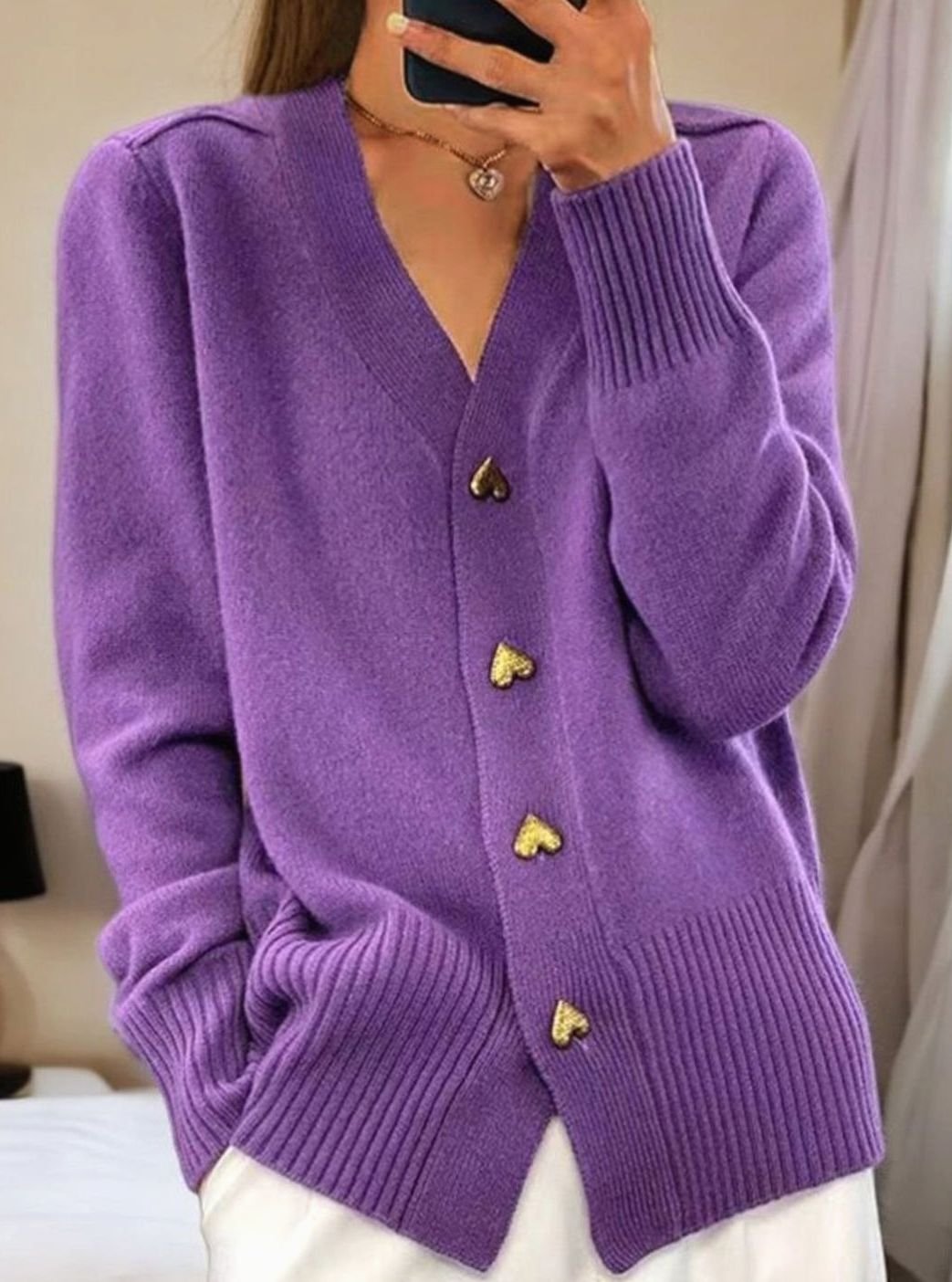 Women's V-Neck Gold Heart-Button Knit Cardigan - Purple