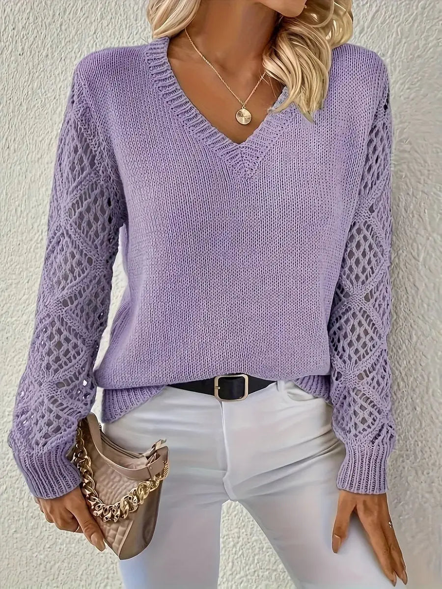 Women's V-Neck Hollow Sleeve Knit Sweater Jumper - Lilac