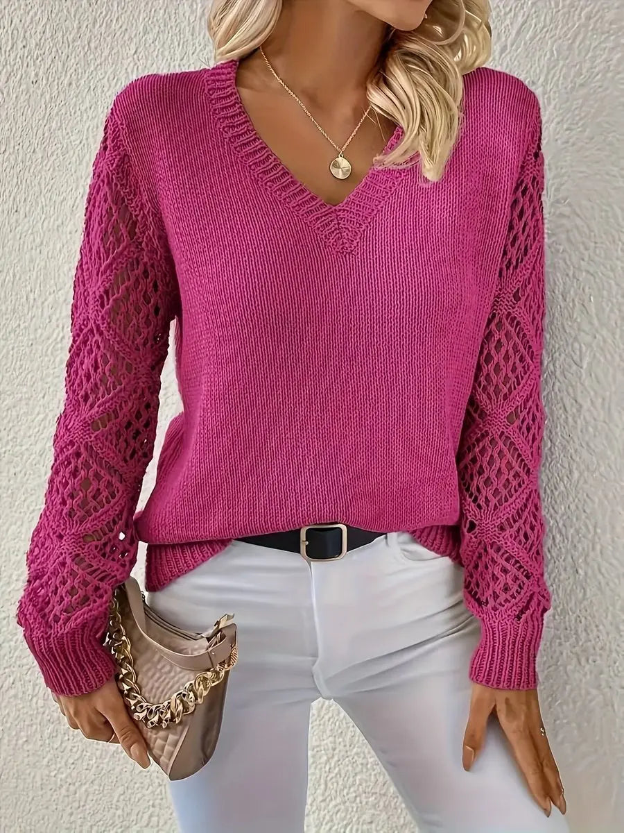 Women's V-Neck Hollow Sleeve Knit Sweater Jumper
