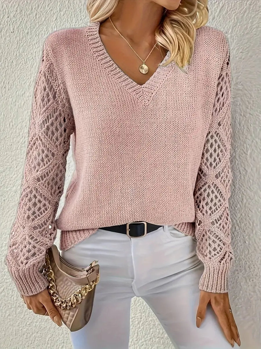 Women's V-Neck Hollow Sleeve Knit Sweater Jumper - Pink