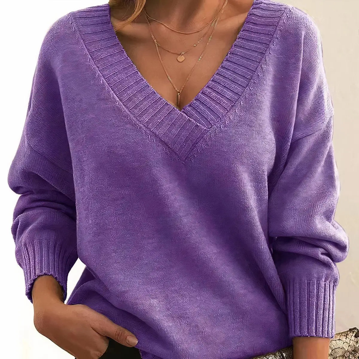 Women's V-Neck Long Sleeve Knit Pullover Sweater - Purple