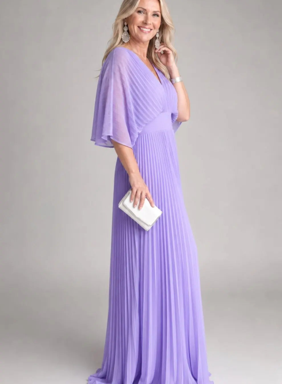 Women's V-Neck Pleated Maxi Party Dress Flutter Sleeves