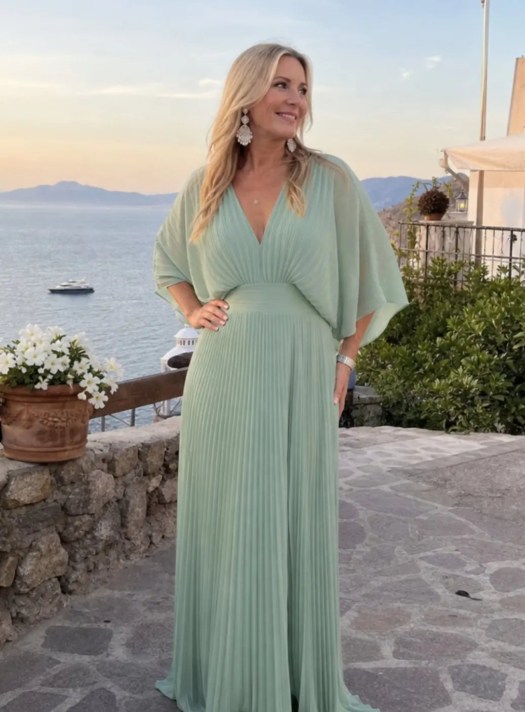Women's V-Neck Pleated Maxi Party Dress Flutter Sleeves