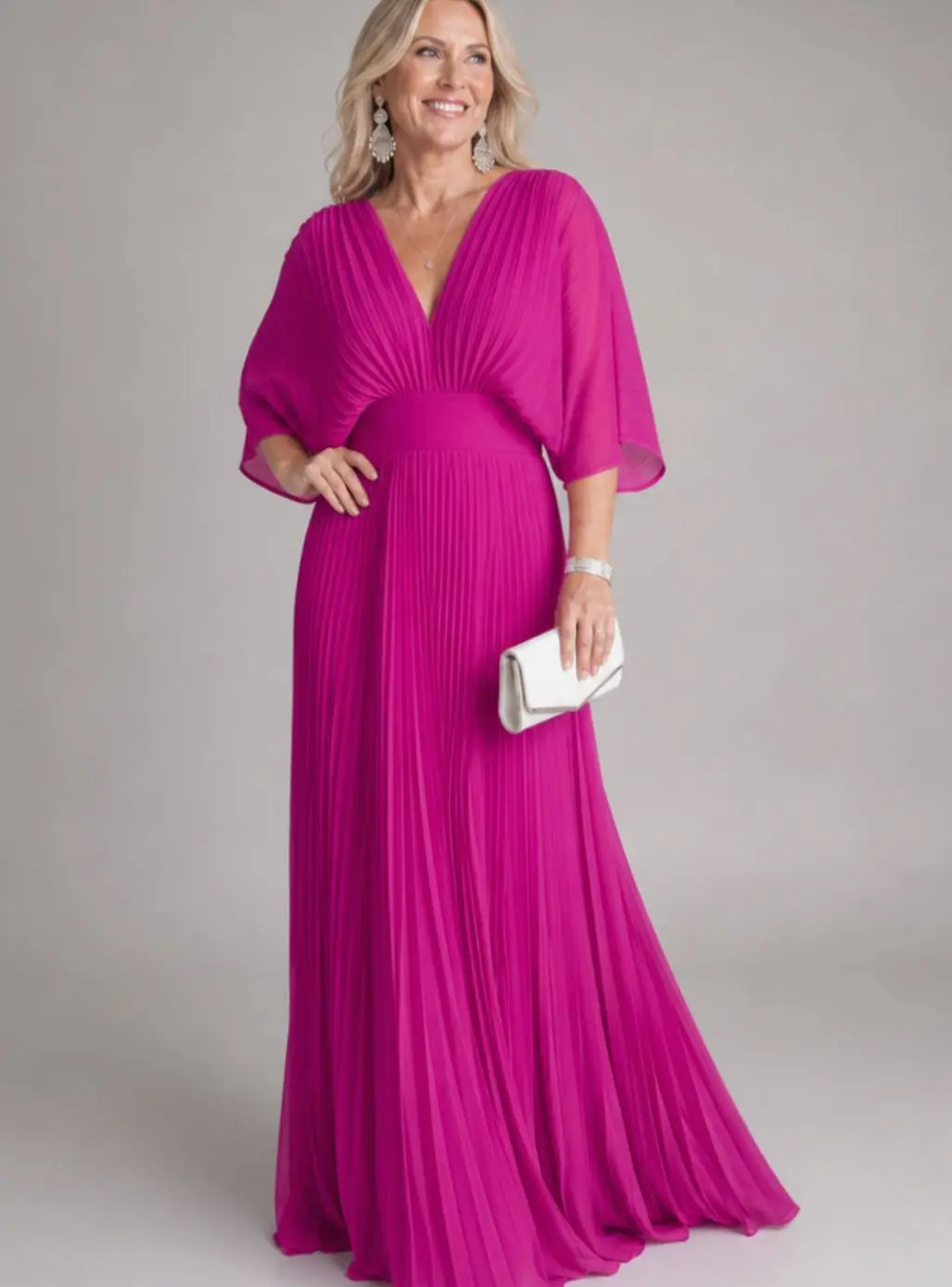 Women's V-Neck Pleated Maxi Party Dress Flutter Sleeves - Pink