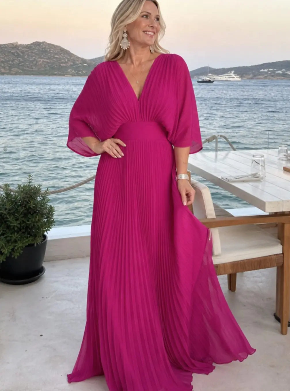 Women's V-Neck Pleated Maxi Party Dress Flutter Sleeves